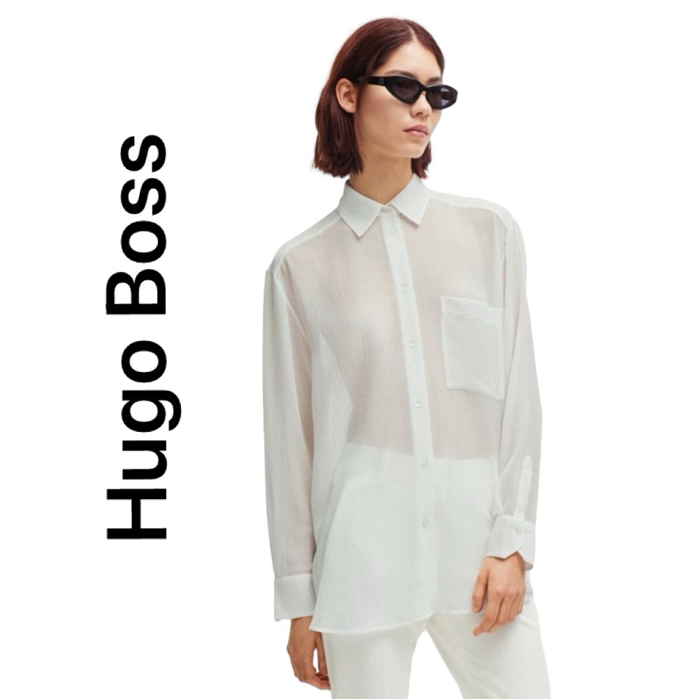 New! Hugo Boss Blouse in Soft Seersuccer with Point Collar, White, Size L/XL